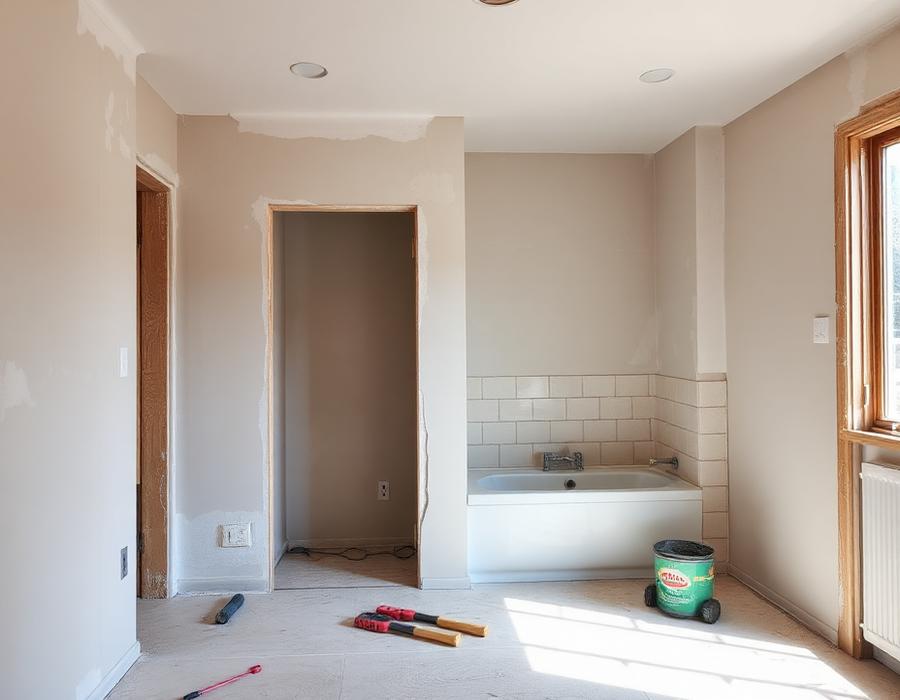 Interior de apartamento em remodelação com paredes estucadas